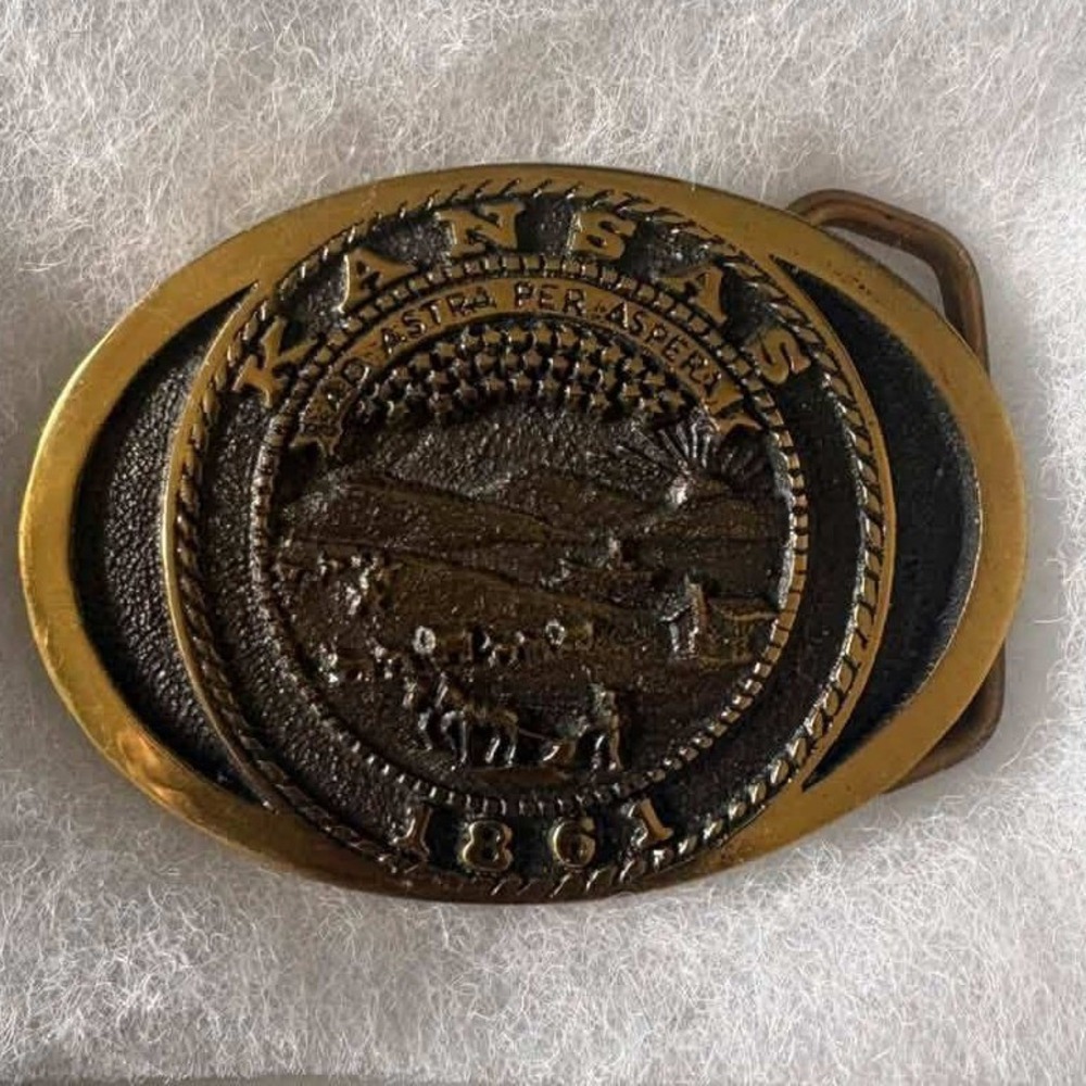 Vintage Kansas State Seal Belt Buckle Ad Astra Per Aspera 1861 Bergamot BA-9676